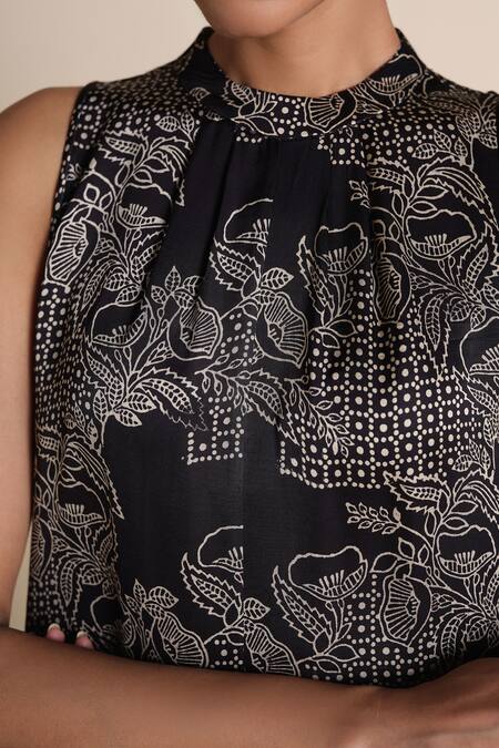 Shop_Grassroot By Anita Dongre_Black Modal, Satin High Neck Designer Printed Kurta Set_Online_at_Aza_Fashions