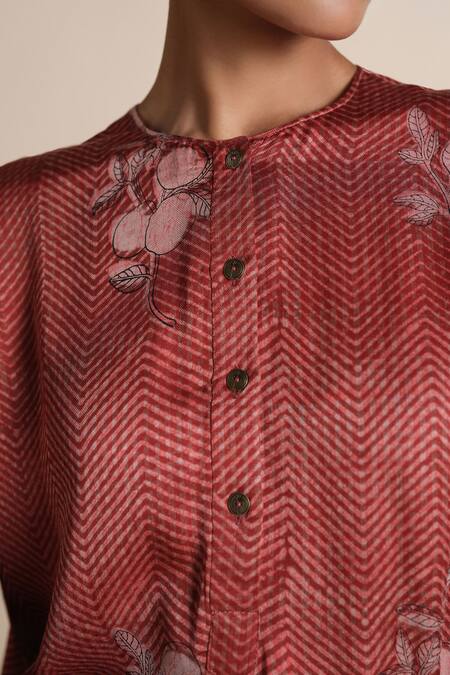 Shop_Grassroot By Anita Dongre_Red Modal, Satin Embroidery Round Neck Printed Kurta Set_Online_at_Aza_Fashions