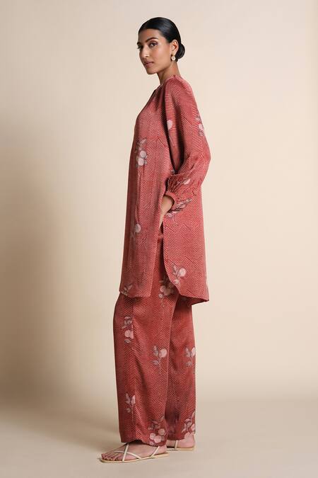 Grassroot By Anita Dongre_Red Modal, Satin Embroidery Round Neck Printed Kurta Set_at_Aza_Fashions