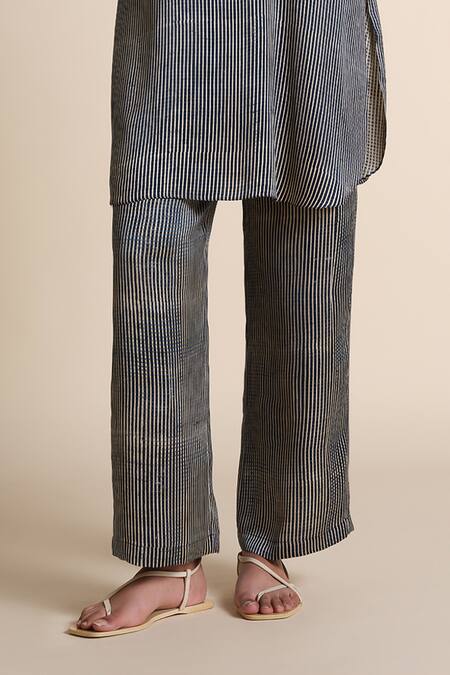 Shop_Grassroot By Anita Dongre_Gray Modal, Satin Round Neck Striped Kurta And Pant Set _Online_at_Aza_Fashions