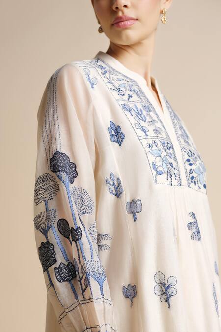 Grassroot By Anita Dongre Ivory Chanderi Embroidery Mandarin Collar Long Kurta Online at Aza Fashions Grassroot By Anita Dongre_Ivory Chanderi Embroidery Mandarin Collar Long Kurta_Online_at_Aza_Fashions