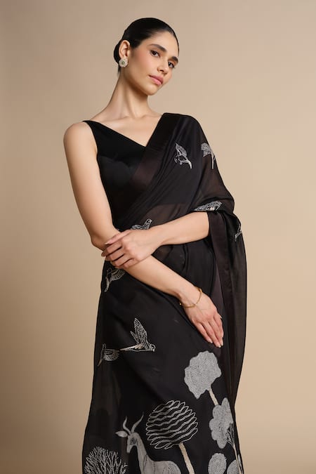 Shop_Grassroot By Anita Dongre_Black , Silk Tassels Slub Embroidered Saree_Online_at_Aza_Fashions