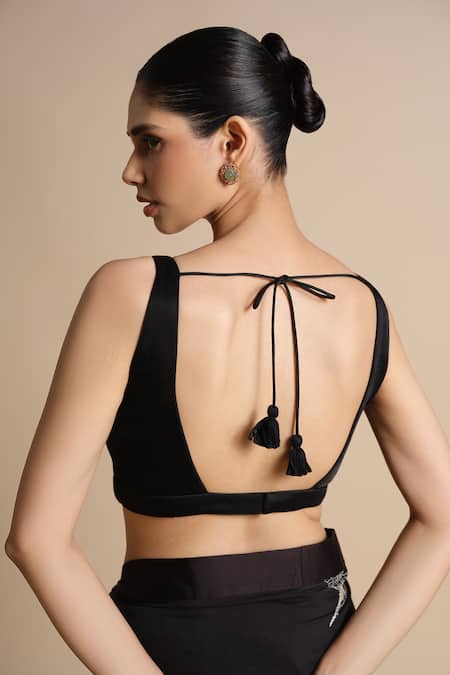 Shop_Grassroot By Anita Dongre_Black , Silk Tassels Slub Embroidered Saree