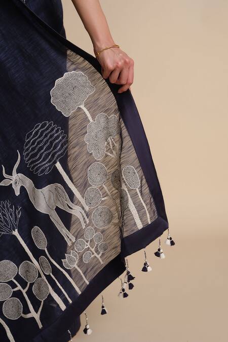 Grassroot By Anita Dongre_Blue Chanderi Tassels Indigo Slub Saree With Blouse_Online_at_Aza_Fashions