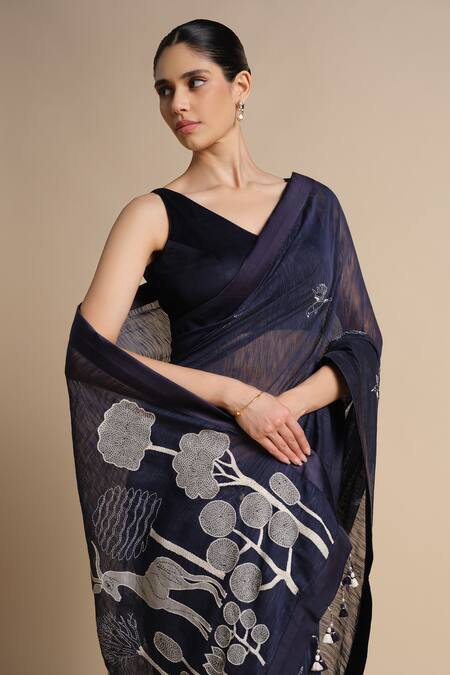 Shop_Grassroot By Anita Dongre_Blue Chanderi Tassels Indigo Slub Saree With Blouse