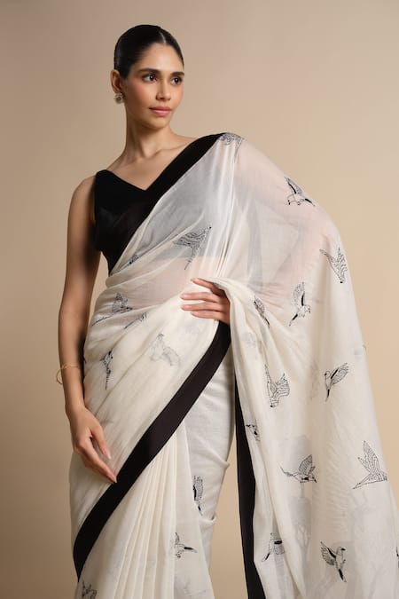 Shop_Grassroot By Anita Dongre_Ivory , Silk Tassels Round Neck Classic Saree With Blouse_Online_at_Aza_Fashions