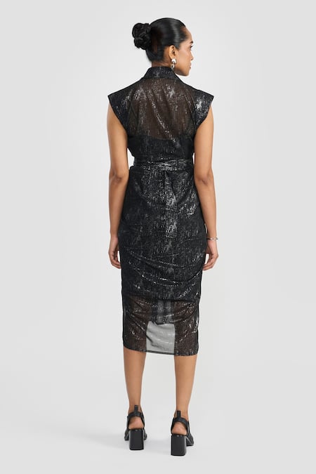 Shop Perona Black Polyester Collared Shimmer Dress With Belt at Aza Fashions Shop_Perona_Black Polyester Collared Shimmer Dress With Belt _at_Aza_Fashions