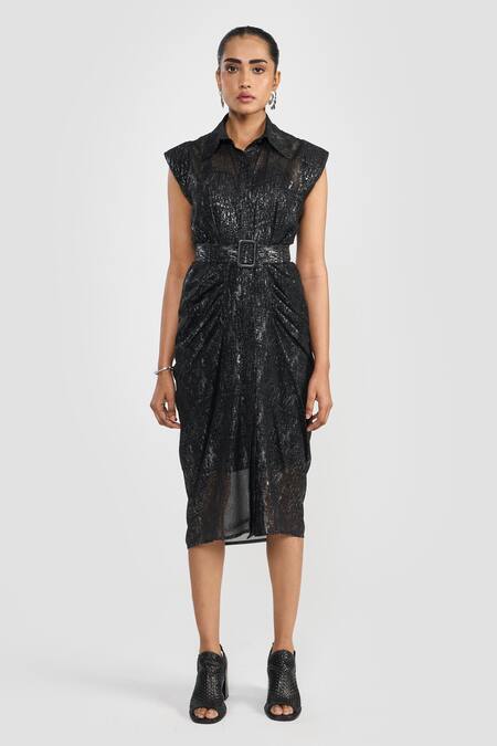 Perona Black Polyester Collared Shimmer Dress With Belt Online at Aza Fashions Perona_Black Polyester Collared Shimmer Dress With Belt _Online_at_Aza_Fashions