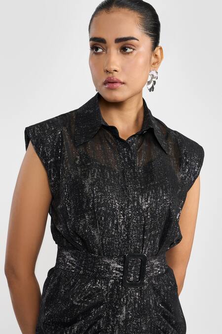 Shop Perona Black Polyester Collared Shimmer Dress With Belt Online at Aza Fashions Shop_Perona_Black Polyester Collared Shimmer Dress With Belt _Online_at_Aza_Fashions