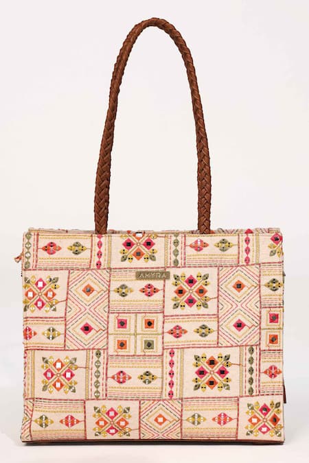 Amyra_Multi Color Embroidery, Beads Multicolor Box Tote Bag _Online_at_Aza_Fashions