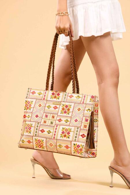 Amyra_Multi Color Embroidery, Beads Multicolor Box Tote Bag _at_Aza_Fashions