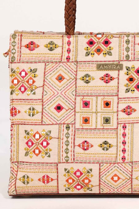 Shop_Amyra_Multi Color Embroidery, Beads Multicolor Box Tote Bag 
