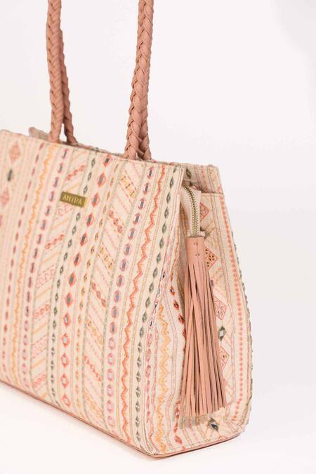 Shop_Amyra_Multi Color Embroidery, Beads Mirror Tote Bag _Online_at_Aza_Fashions