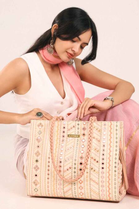 Amyra_Multi Color Embroidery, Beads Mirror Tote Bag _at_Aza_Fashions