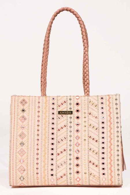 Amyra_Multi Color Embroidery, Beads Mirror Tote Bag _Online_at_Aza_Fashions