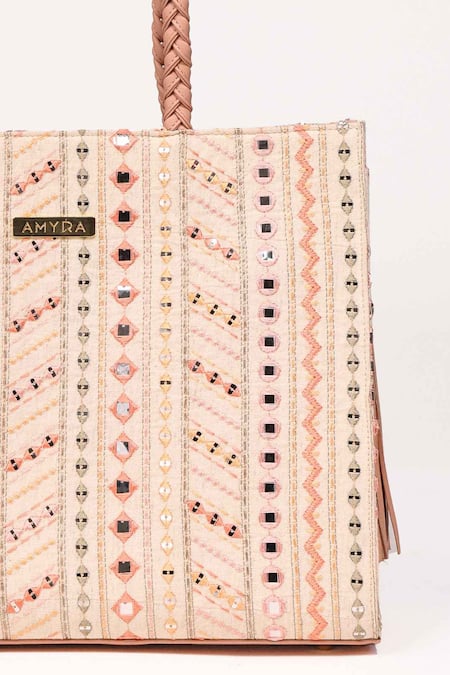Shop_Amyra_Multi Color Embroidery, Beads Mirror Tote Bag 