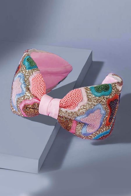 Hair Drama CO_Pink Beads, Embroidery Designer Spring Knotted Headband _Online_at_Aza_Fashions
