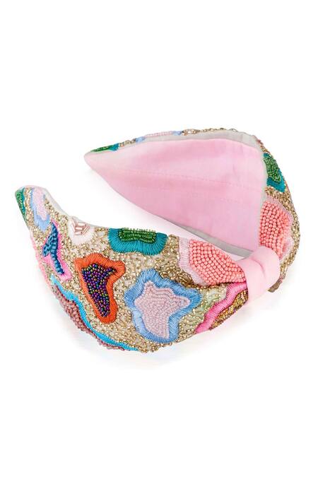 Buy_Hair Drama CO_Pink Beads, Embroidery Designer Spring Knotted Headband _Online_at_Aza_Fashions