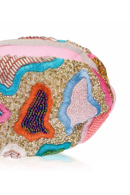 Hair Drama CO_Pink Beads, Embroidery Designer Spring Knotted Headband _at_Aza_Fashions