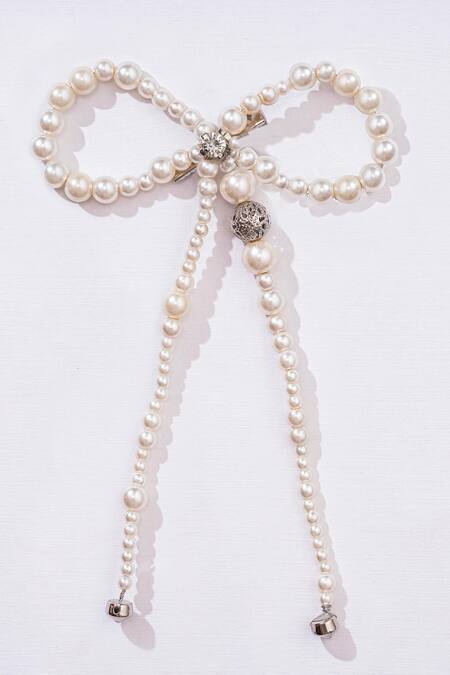 Hair Drama CO_White Beads Embellished Pearl Hair Bow Clip _Online_at_Aza_Fashions