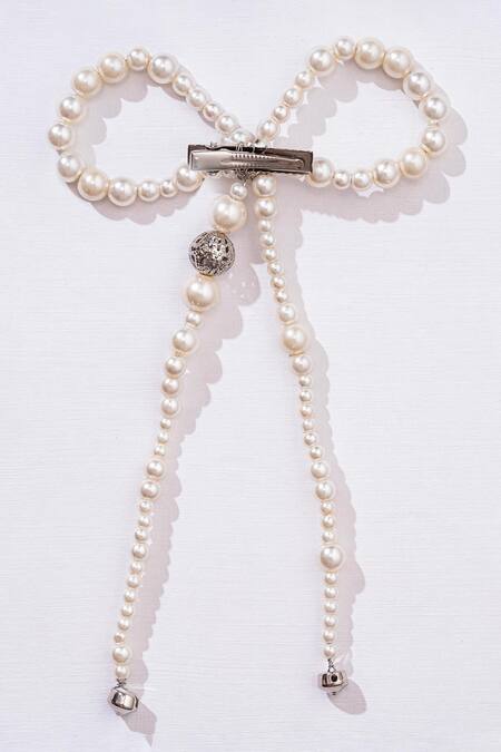 Buy_Hair Drama CO_White Beads Embellished Pearl Hair Bow Clip _Online_at_Aza_Fashions