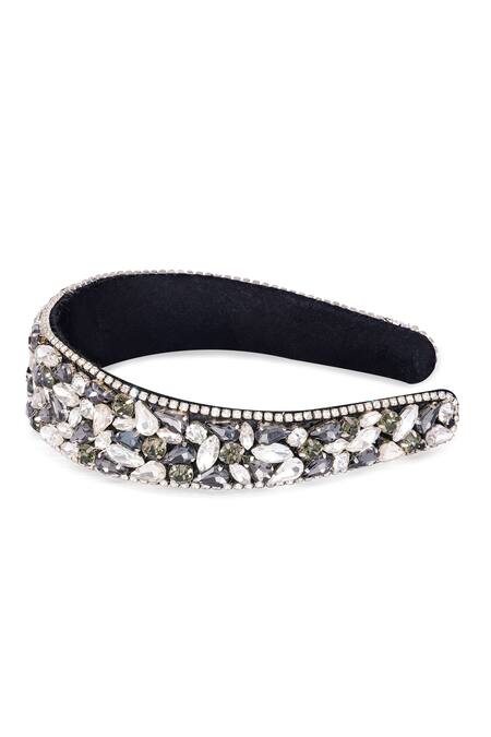 Hair Drama CO Black Crystals Designer Grey Embellished Hair Band Online at Aza Fashions Hair Drama CO_Black Crystals Designer Grey Embellished Hair Band _Online_at_Aza_Fashions