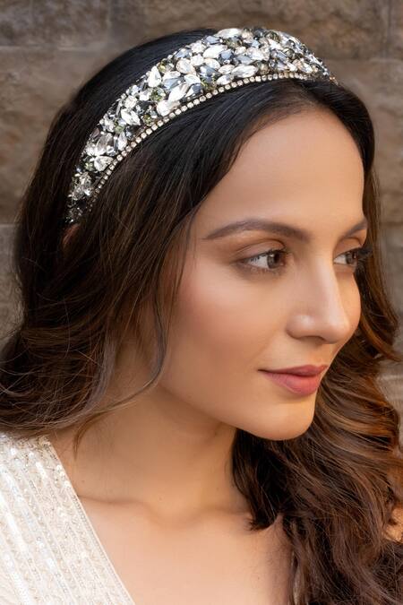 Shop_Hair Drama CO_Black Crystals Designer Grey Embellished Hair Band _Online_at_Aza_Fashions