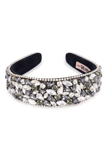 Hair Drama CO Black Crystals Designer Grey Embellished Hair Band at Aza Fashions Hair Drama CO_Black Crystals Designer Grey Embellished Hair Band _at_Aza_Fashions
