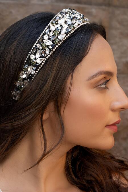 Buy_Hair Drama CO_Black Crystals Designer Grey Embellished Hair Band 