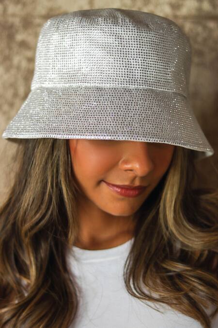 Hair Drama CO_White Designer Hotfix Bucket Hat _Online_at_Aza_Fashions