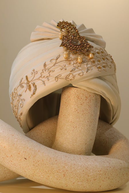 Shop_Hilo Design_Ivory Embroidery, Pearls Majesty Pagdi _Online_at_Aza_Fashions