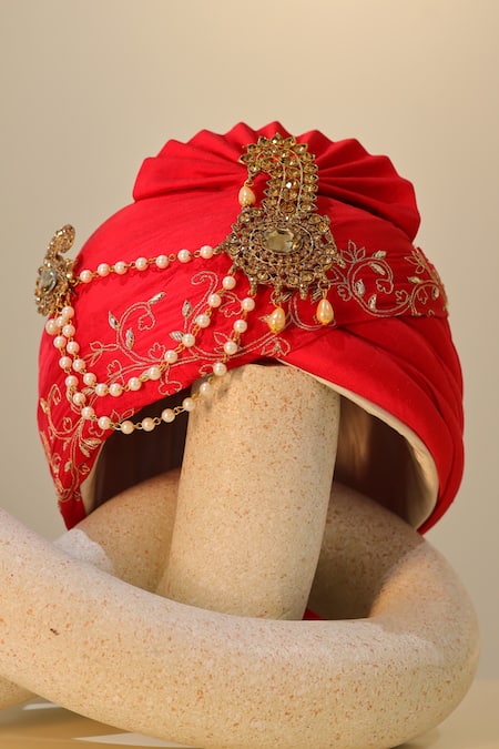 Hilo Design_Red Embroidery, Pearls Crimson Royalty Pagdi _Online_at_Aza_Fashions