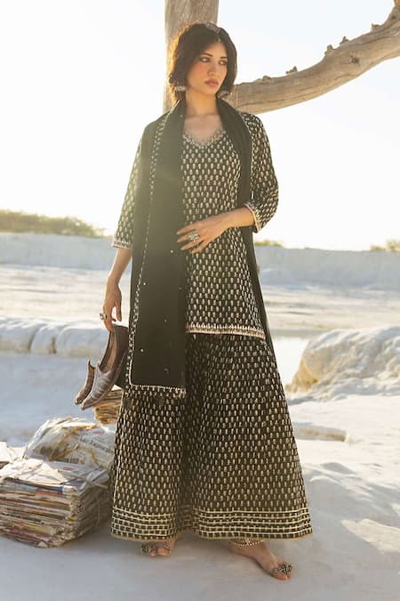 Buy_Karaj Jaipur_Black Cotton, Kota Doria Embroidery Round Neck Printed Kurta Set With Sharara _Online_at_Aza_Fashions