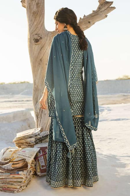 Karaj Jaipur Blue Cotton, Kota Doria Embroidery Round Indigo Printed Kurta Set With Sharara Online at Aza Fashions Karaj Jaipur_Blue Cotton, Kota Doria Embroidery Round Indigo Printed Kurta Set With Sharara _Online_at_Aza_Fashions
