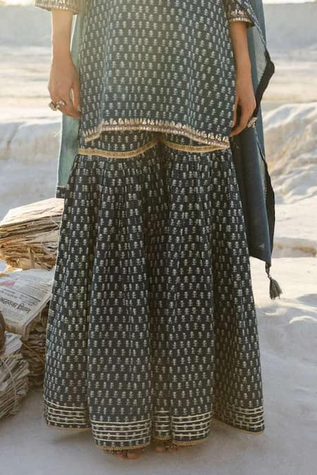 Buy Karaj Jaipur Blue Cotton, Kota Doria Embroidery Round Indigo Printed Kurta Set With Sharara Online at Aza Fashions Buy_Karaj Jaipur_Blue Cotton, Kota Doria Embroidery Round Indigo Printed Kurta Set With Sharara _Online_at_Aza_Fashions