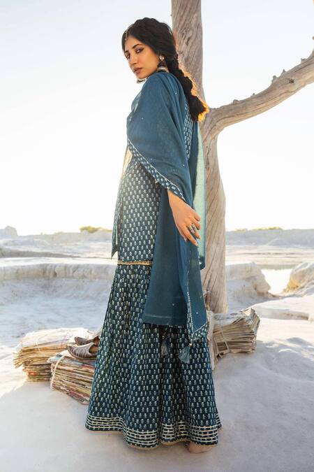 Shop Karaj Jaipur Blue Cotton, Kota Doria Embroidery Round Indigo Printed Kurta Set With Sharara Online at Aza Fashions Shop_Karaj Jaipur_Blue Cotton, Kota Doria Embroidery Round Indigo Printed Kurta Set With Sharara _Online_at_Aza_Fashions