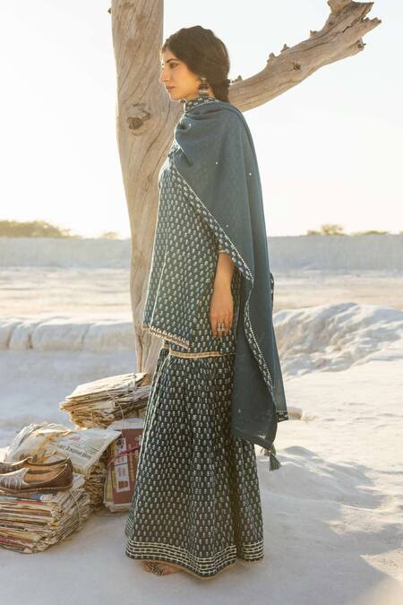 Karaj Jaipur Blue Cotton, Kota Doria Embroidery Round Indigo Printed Kurta Set With Sharara at Aza Fashions Karaj Jaipur_Blue Cotton, Kota Doria Embroidery Round Indigo Printed Kurta Set With Sharara _at_Aza_Fashions