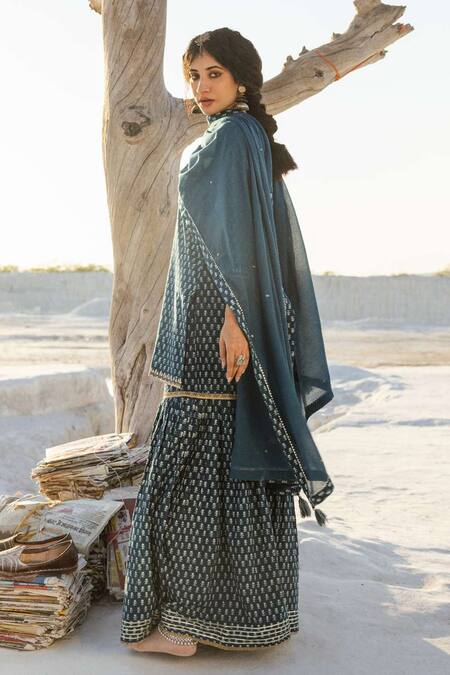 Buy Karaj Jaipur Blue Cotton, Kota Doria Embroidery Round Indigo Printed Kurta Set With Sharara Buy_Karaj Jaipur_Blue Cotton, Kota Doria Embroidery Round Indigo Printed Kurta Set With Sharara