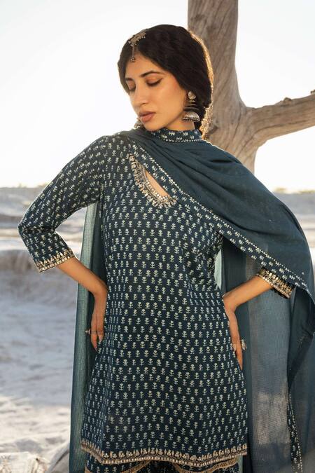 Shop Karaj Jaipur Blue Cotton, Kota Doria Embroidery Round Indigo Printed Kurta Set With Sharara Shop_Karaj Jaipur_Blue Cotton, Kota Doria Embroidery Round Indigo Printed Kurta Set With Sharara