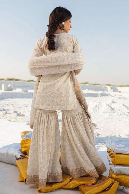 Karaj Jaipur Cream Printed Kurta Set with Sharara 