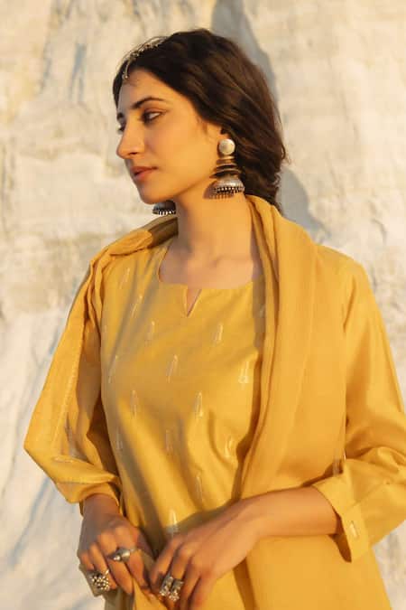 Karaj Jaipur Mustard Chanderi, Cotton, Kota Doria Embroidery Round Neck Yellow Kurta Set Online at Aza Fashions Karaj Jaipur_Mustard Chanderi, Cotton, Kota Doria Embroidery Round Neck Yellow Kurta Set _Online_at_Aza_Fashions