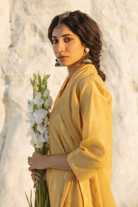 Karaj Jaipur Mustard Chanderi, Cotton, Kota Doria Embroidery Round Neck Yellow Kurta Set at Aza Fashions Karaj Jaipur_Mustard Chanderi, Cotton, Kota Doria Embroidery Round Neck Yellow Kurta Set _at_Aza_Fashions