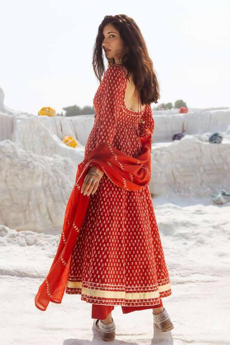 Karaj Jaipur Red Cotton, Kota Doria Embroidery Scoop Neck Brick Anarkali Set Online at Aza Fashions Karaj Jaipur_Red Cotton, Kota Doria Embroidery Scoop Neck Brick Anarkali Set _Online_at_Aza_Fashions