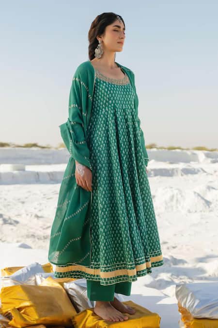 Shop Karaj Jaipur Green Cotton, Kota Doria Sequins Round Neck Noor Anarkali Set With Dupatta Online at Aza Fashions Shop_Karaj Jaipur_Green Cotton, Kota Doria Sequins Round Neck Noor Anarkali Set With Dupatta _Online_at_Aza_Fashions