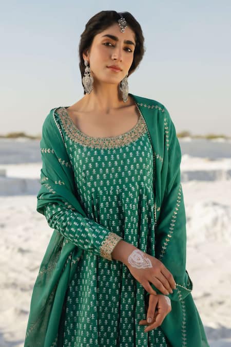 Buy Karaj Jaipur Green Cotton, Kota Doria Sequins Round Neck Noor Anarkali Set With Dupatta Buy_Karaj Jaipur_Green Cotton, Kota Doria Sequins Round Neck Noor Anarkali Set With Dupatta