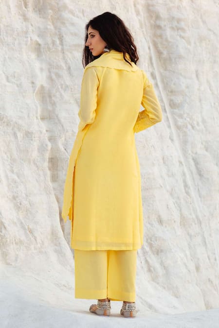 Karaj Jaipur Light Yellow Embroidered Kurta Set 
