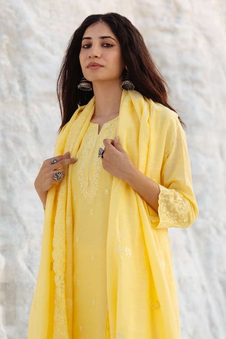 Buy_Karaj Jaipur_Yellow Chanderi, Cotton Embroidery Round Neck Light Kurta Set _Online_at_Aza_Fashions