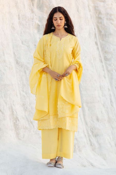 Shop_Karaj Jaipur_Yellow Chanderi, Cotton Embroidery Round Neck Light Kurta Set _Online_at_Aza_Fashions