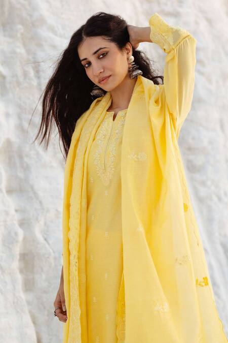 Buy_Karaj Jaipur_Yellow Chanderi, Cotton Embroidery Round Neck Light Kurta Set 