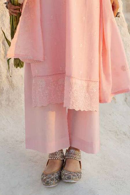 Karaj Jaipur Pink Chanderi, Cotton Embroidery Round Neck Light Kurta Set Online at Aza Fashions Karaj Jaipur_Pink Chanderi, Cotton Embroidery Round Neck Light Kurta Set _Online_at_Aza_Fashions